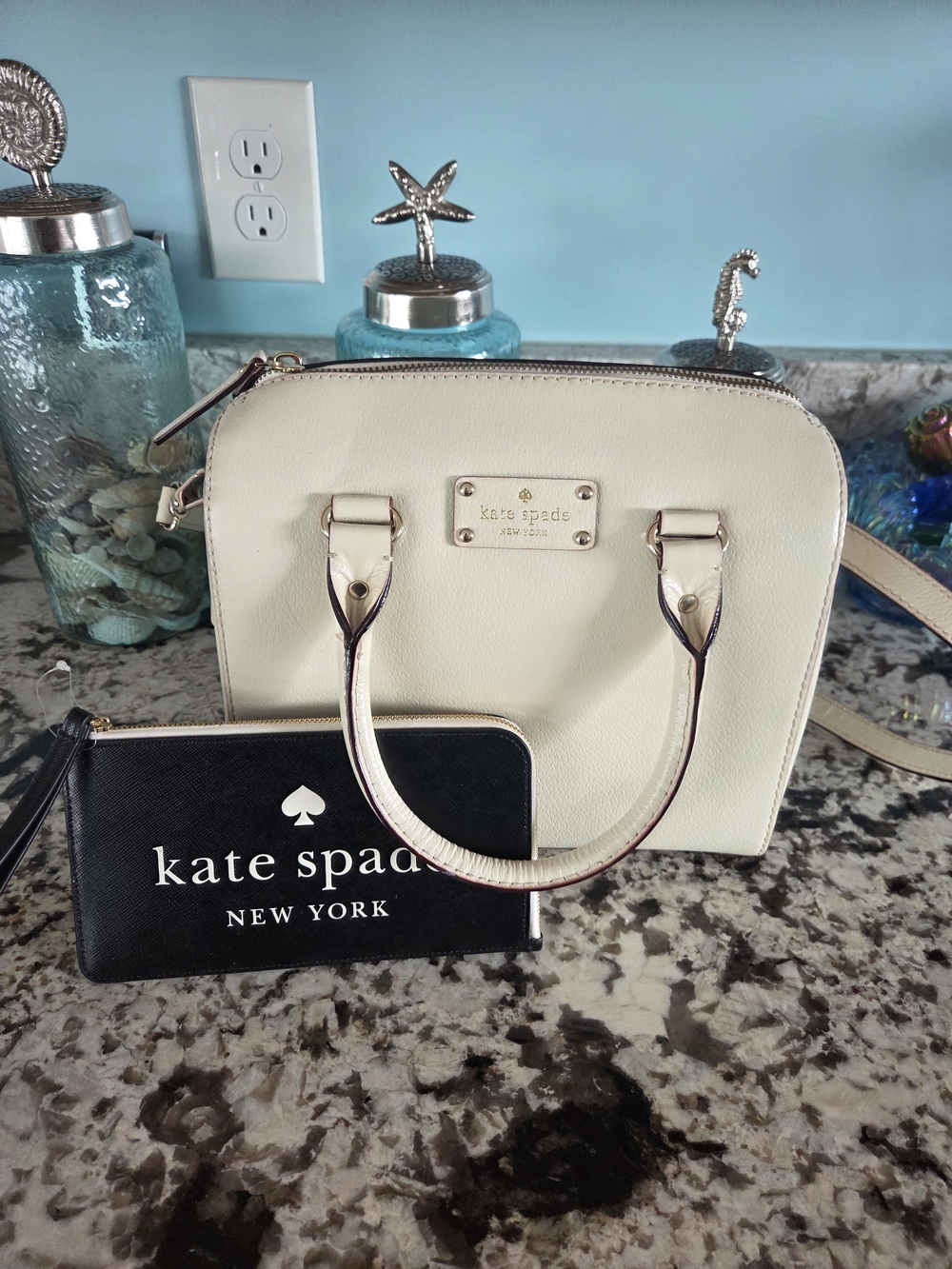 kate spade Cream and Black Leather Satchel with Black Wristlet